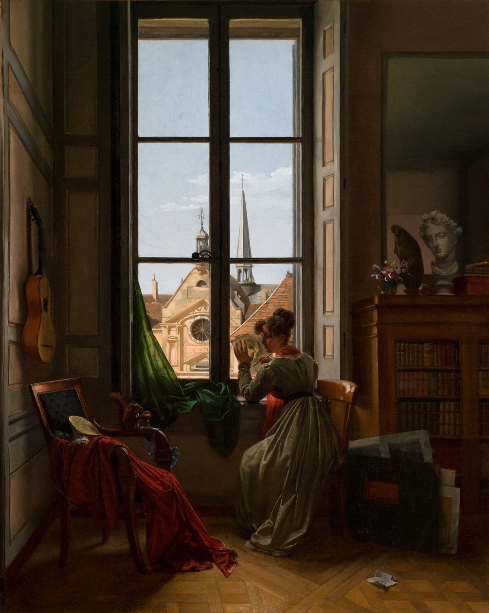 Interno con giovane donna che traccia un fiore, 1820-22 circa (olio su tela) da Louise Adeone Droelling