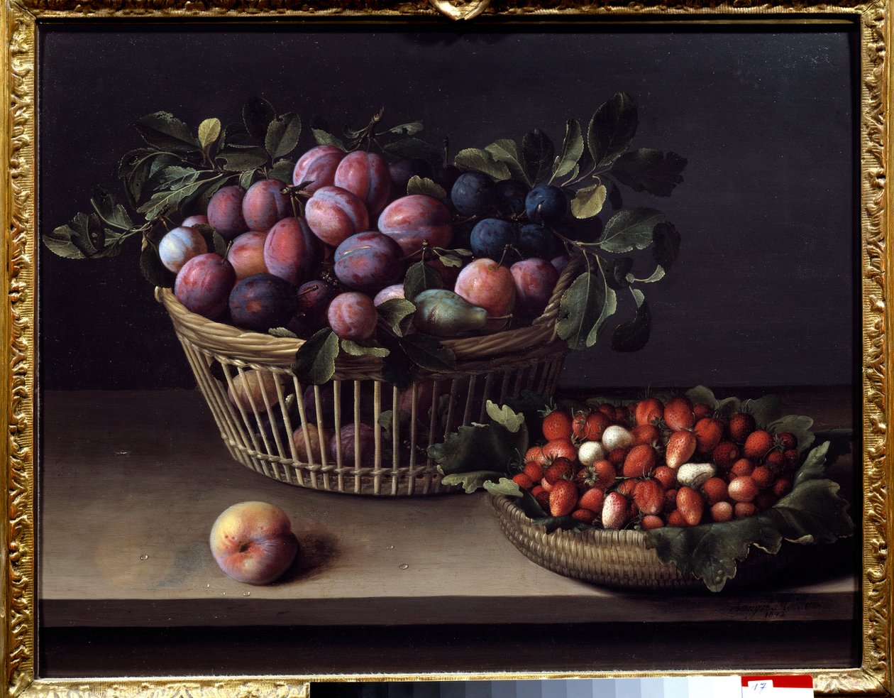 Una pesca, fragole e un cesto di frutta da Louise Moillon