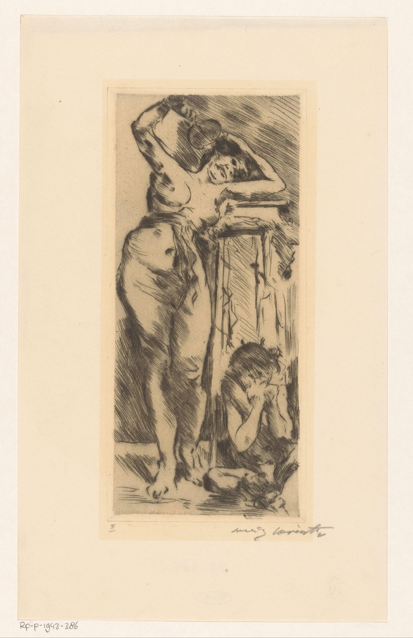 Nudo femminile con ventaglio in mano e figura accovacciata alla sua destra da Lovis Corinth (signed by artist)