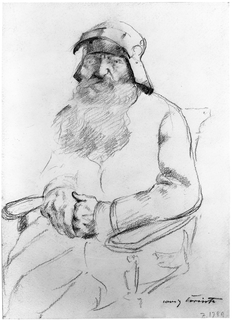 Vecchio barbuto seduto con un elmo del XVI secolo, visto di fronte (studio per Götz von Berlichingen) da Lovis Corinth