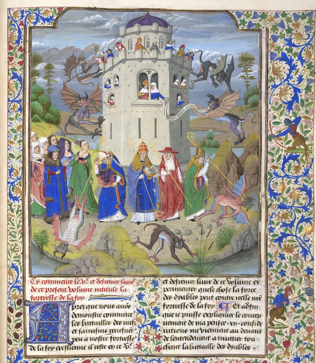 Fortezza della Fede Miniatura dei Santi Gregorio, Agostino, Girolamo e Ambrogio che combattono i demoni, fine XV secolo da Loyset Liedet