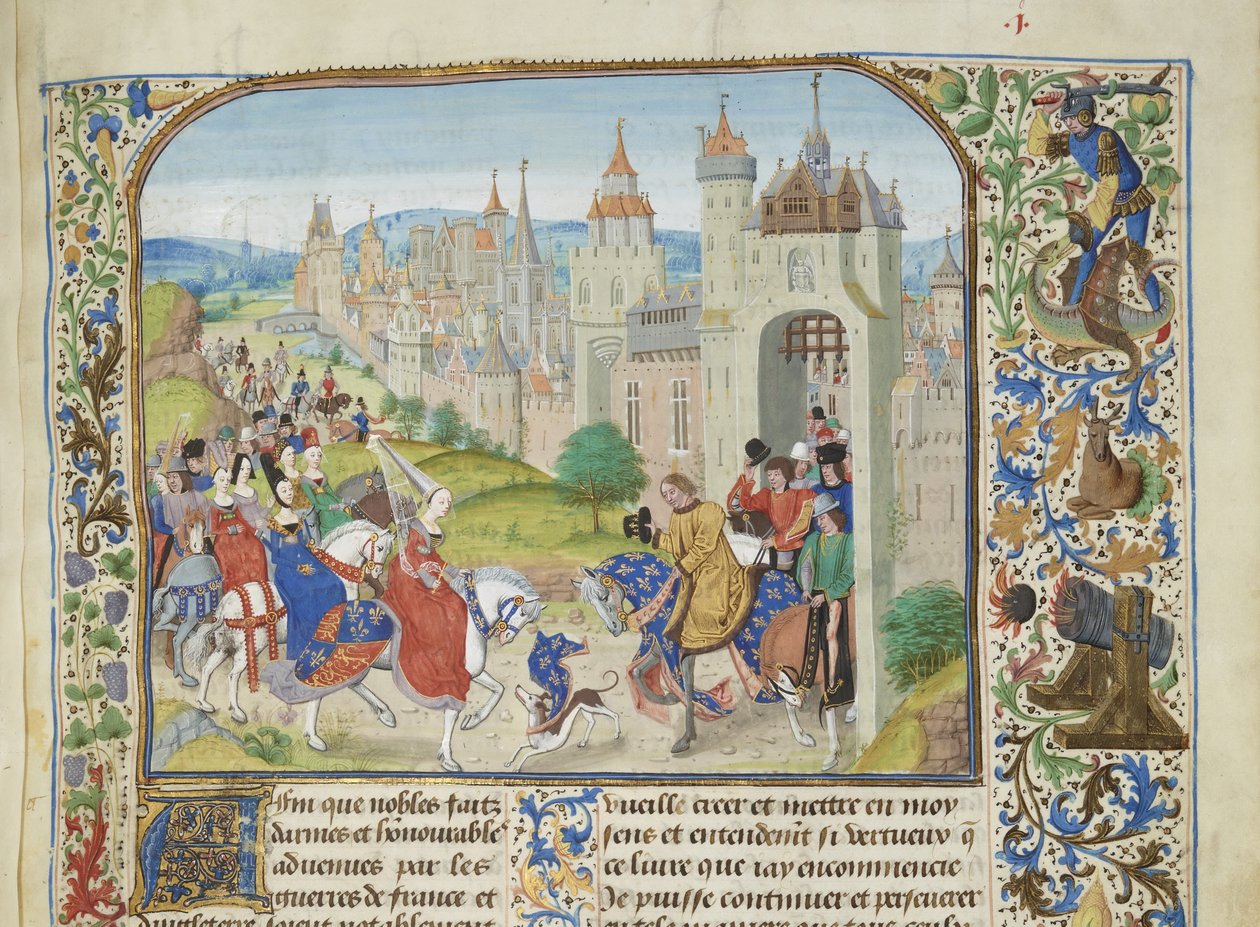 Isabella di Francia accolta dal fratello Carlo IV a Parigi, ca. 1470-1475 da Loyset Liedet