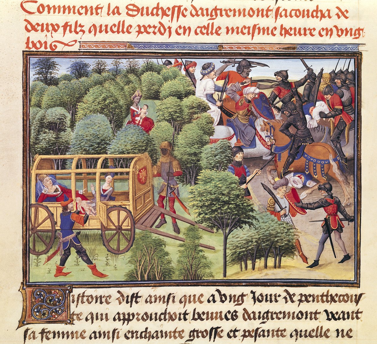 Ms 5072 f.6v Come la duchessa di Aigremont diede alla luce due figli e li perse nella stessa ora in un bosco, dal ciclo di Renaud de Montauban da Loyset Liedet