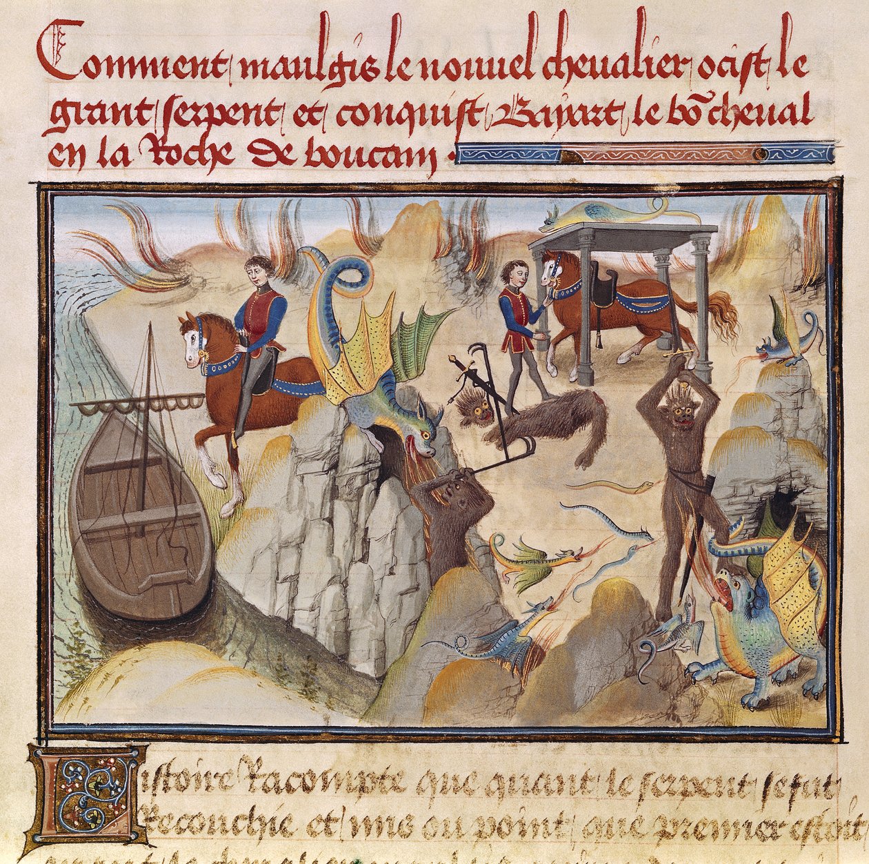 Ms 5072 fol.37v Maugis combatte il serpente e ottiene il cavallo incantato, Bayard, dal ciclo di Renaud de Montauban da Loyset Liedet