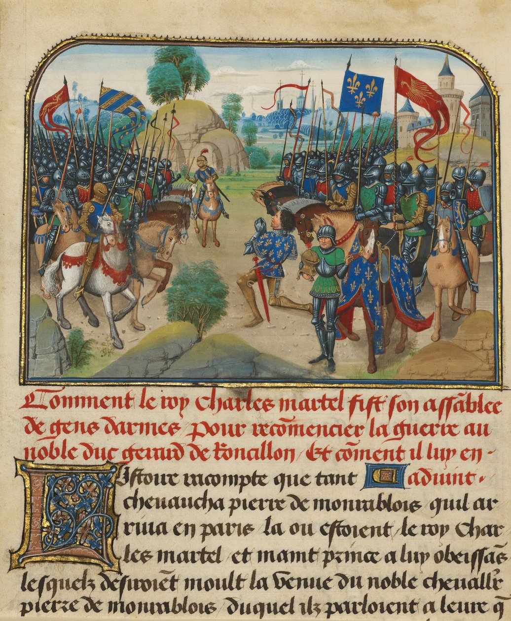 Gli eserciti di Francia e Borgogna con Martel in preghiera da Loyset Liedet