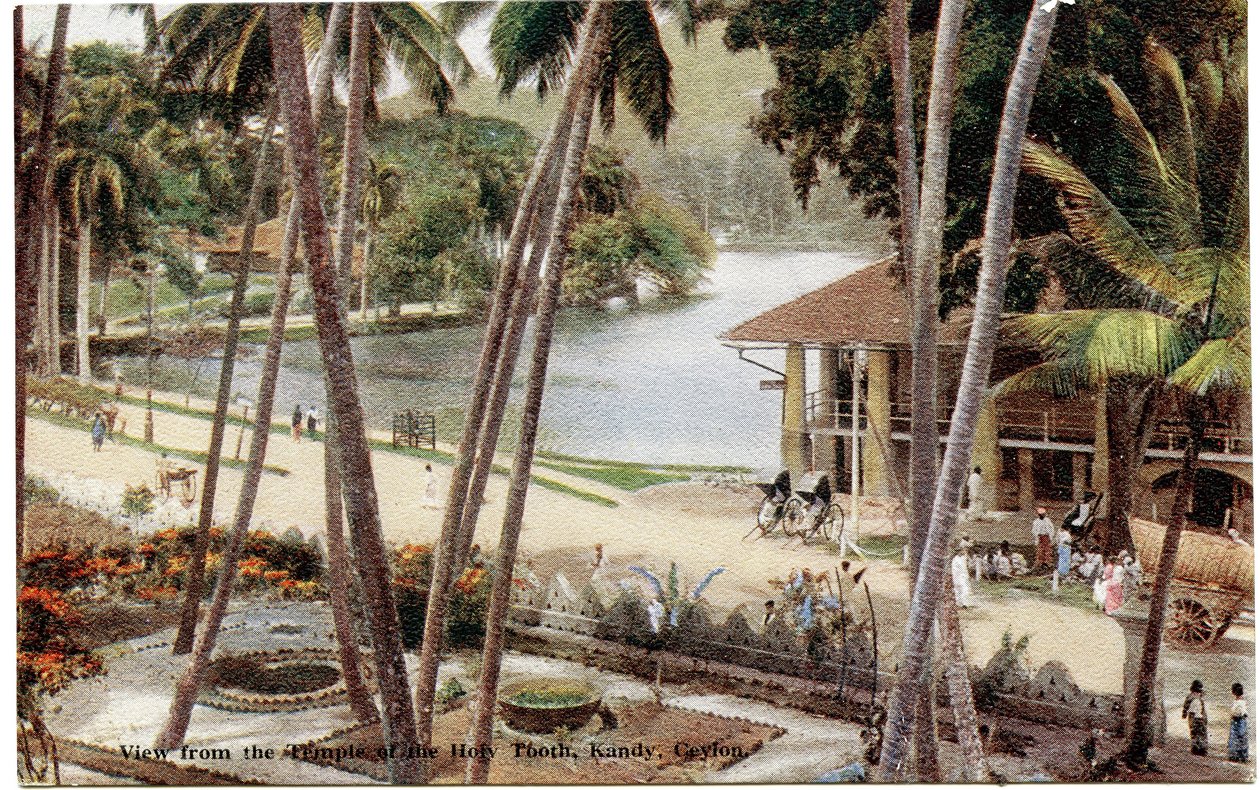 Vista dal Tempio del Dente Sacro, Kandy, Ceylon, c.1900-20 (fotografia colorata a mano) da Ltd. Ceylon Plâté
