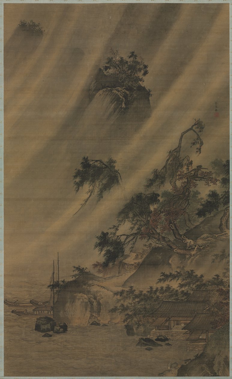 Villaggio fluviale durante un temporale, c. 1480-1507 da Lu Wenying