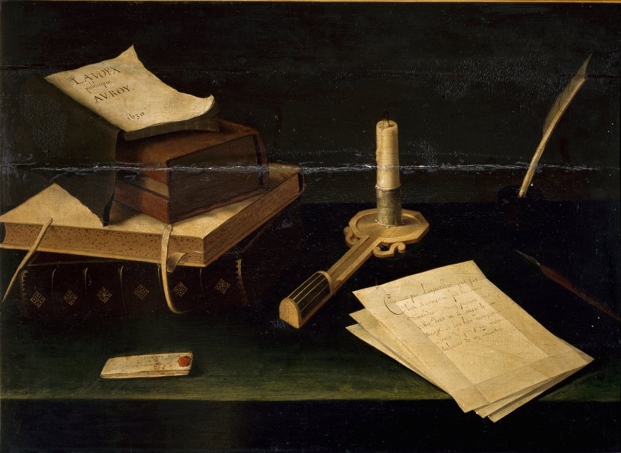 Natura morta di libri, piuma, lettera e candela da Lubin Baugin