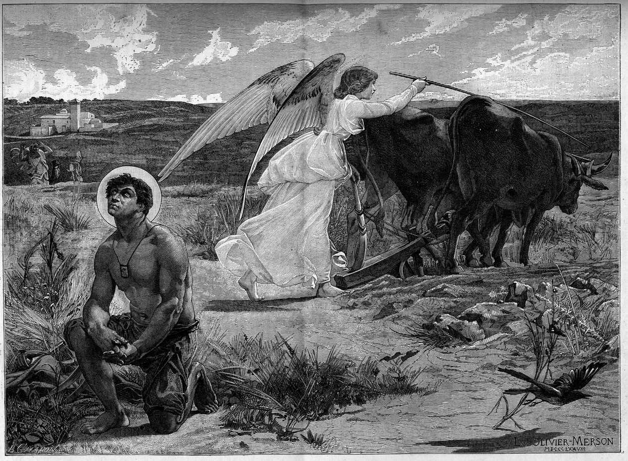 San Isidoro, patrono degli aratori. Un angelo aiuta San Isidoro ad arare un campo con un aratro. XIX secolo. Incisione dal dipinto di Luc Olivier Merson (1846-1920). In "Il Mondo Illustre" n°1294 del 21 gennaio da Luc Oliver Merson
