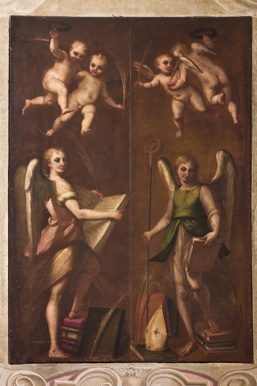 Genova, Duomo (Cattedrale di San Lorenzo), sacrestia, cappella: "Angeli con insegne episcopali, libri e rami di palma", di Luca Cambiaso, circa 1580 da Luca Cambiaso