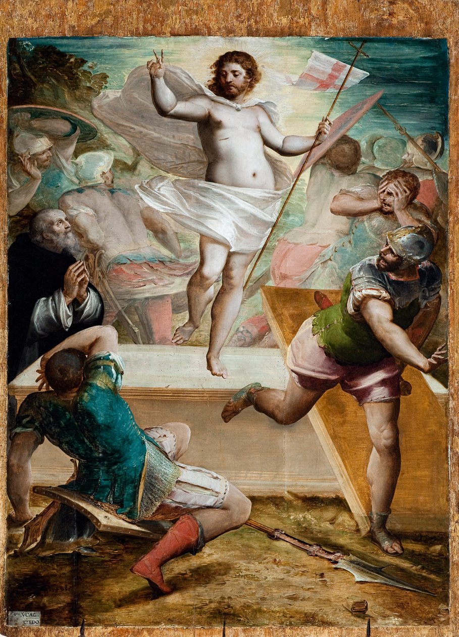 Resurrezione, Gesù tiene una croce di bastone alla fine della quale sventola uno stendardo con una croce rossa da Luca Cambiaso