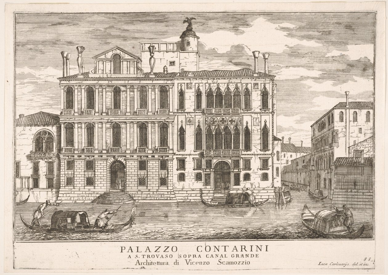 Tavola 85: Vista del Palazzo Contarini in Campo San Trovaso, Venezia, 1703, da La costruzione..., 1703 da Luca Carlevarijs