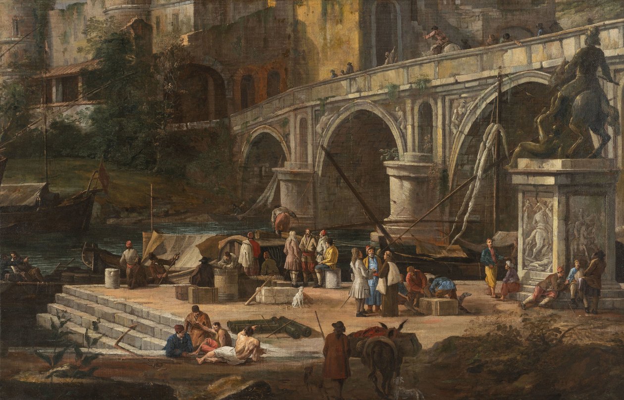 Vista di un porto fluviale, tra il 1690 e il 1699 da Luca Carlevaris