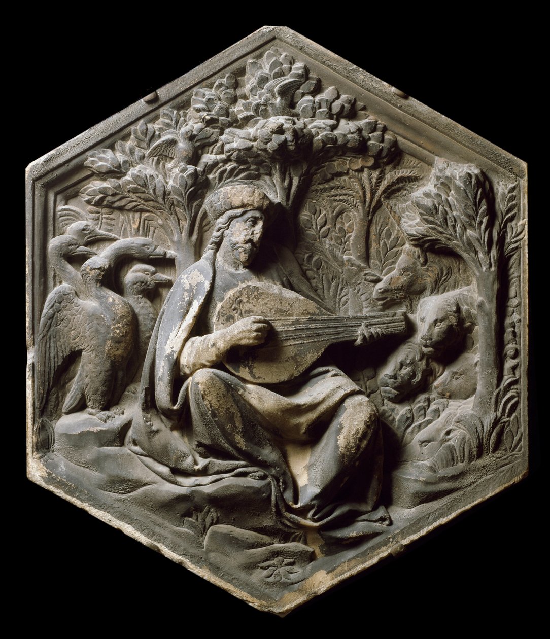 Allegoria della Musica come Orfeo. Gli animali della foresta ascoltano Orfeo suonare il liuto. Alto rilievo di Luca della Robbia da Luca Della Robbia