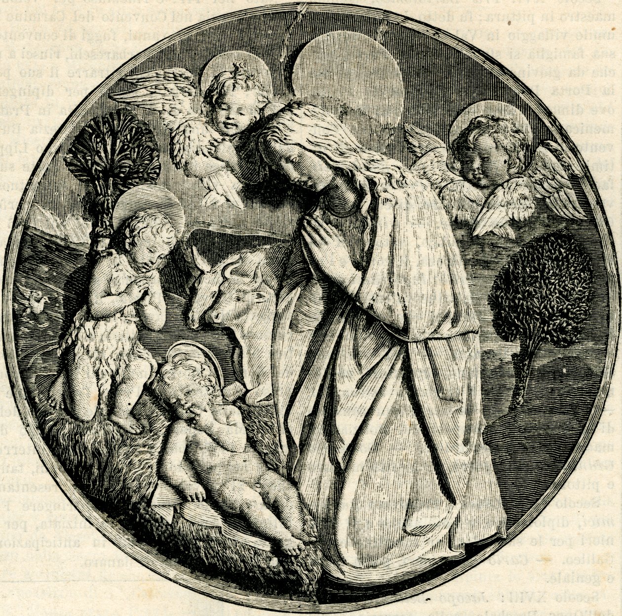 Madonna in adorazione del Bambino con il Bambino San Giovanni Battista e cherubini, di Luca della Robbia (1399/1400-1482), Prato, Toscana, Italia, xilografia da Le cento città d