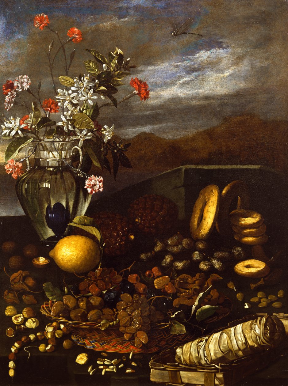 Natura morta con frutta secca, fiori e paesaggio da Luca Forte