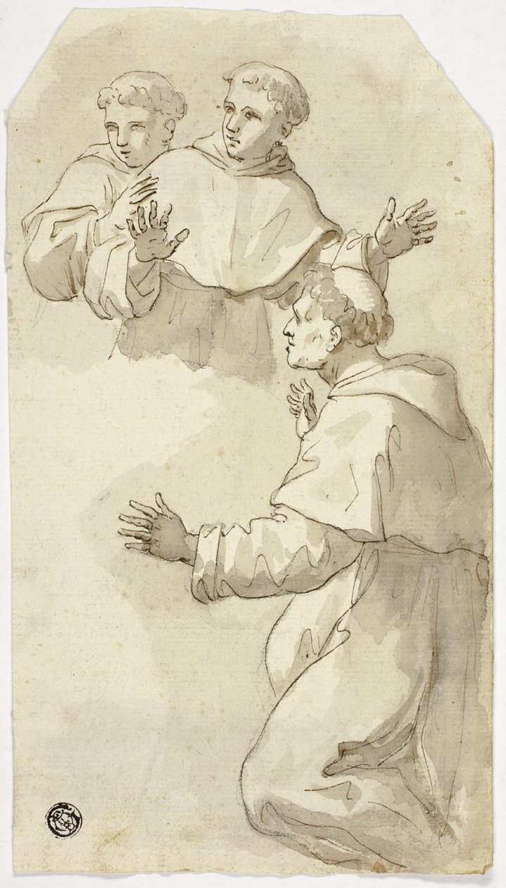 Tre monaci sbigottiti, uno inginocchiato, due in piedi da Luca Giordano