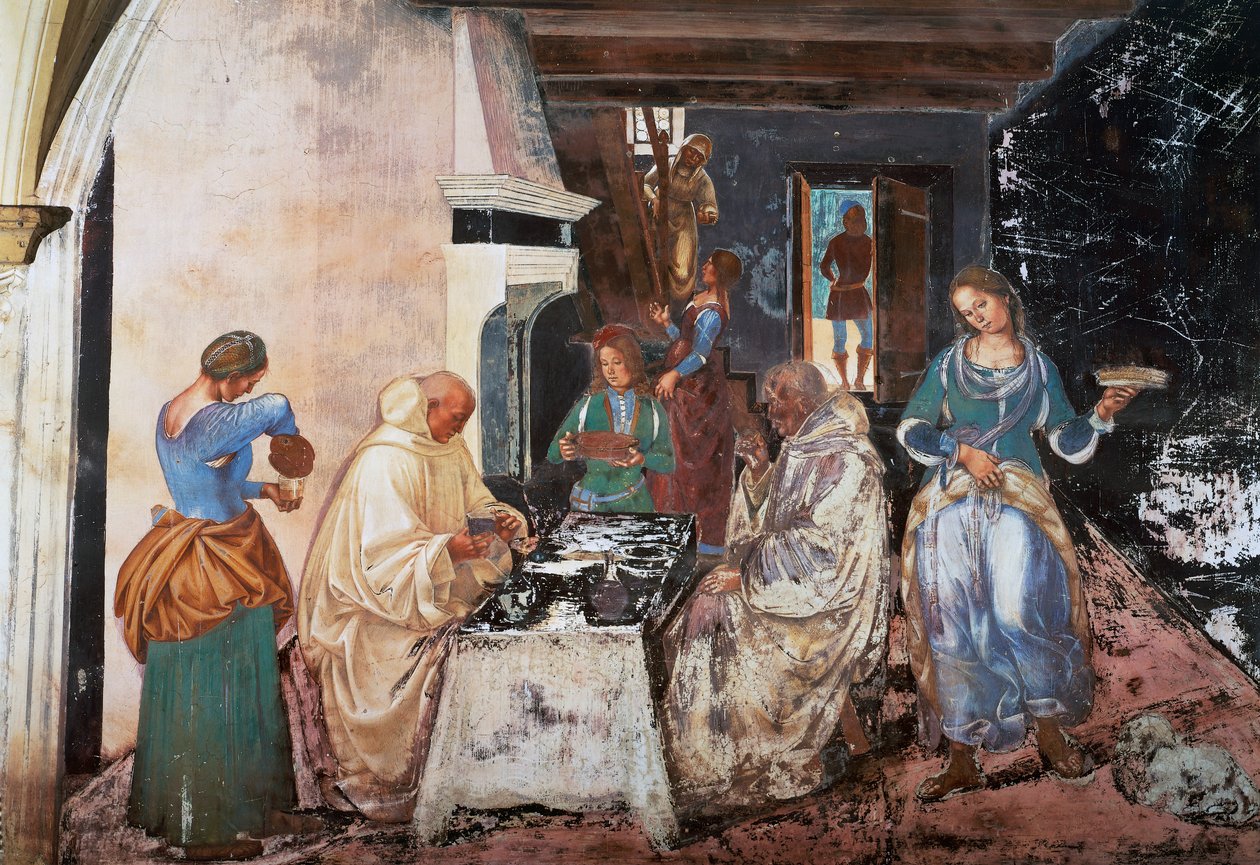 Benedetto dice ai monaci dove e quando hanno mangiato mentre erano fuori dal Monastero, scena dalle Storie di San Benedetto da Luca Signorelli