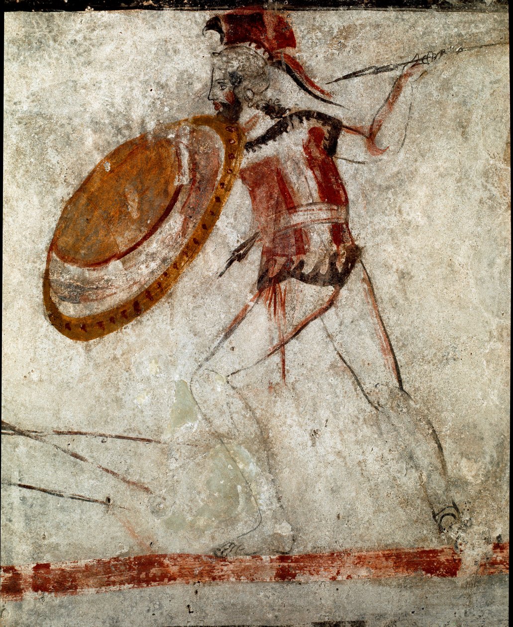 Un guerriero con una lancia e uno scudo affresco lucano del IV secolo a.C., dalla Tomba del Cavaliere, sito di Paestum, Italia. Museo nazionale archeologico, Paestum da Lucanian School