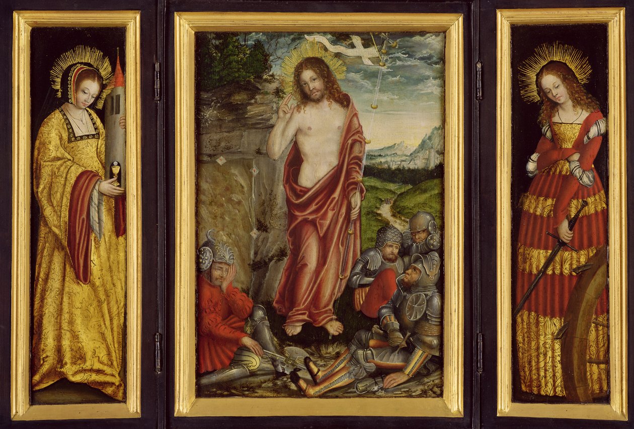 Piccolo altare alato con la Resurrezione di Cristo, Santa Barbara (ala sinistra) e Santa Caterina (ala destra) da Lucas Cranach the Elder