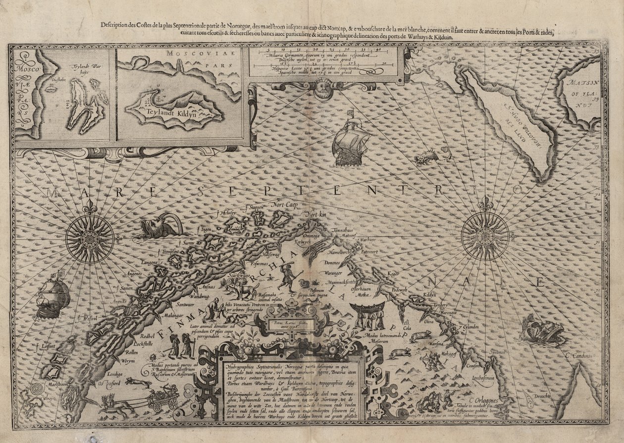 Mappa della Norvegia settentrionale con ingrandimenti di Vardø e Kildin di Willem Barents da Lucas Janszoon Waghenaer