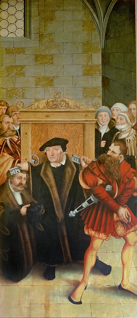 Trittico, pannello sinistro, Philipp Melanchthon esegue un battesimo assistito da Martin Lutero; pannello centrale, l