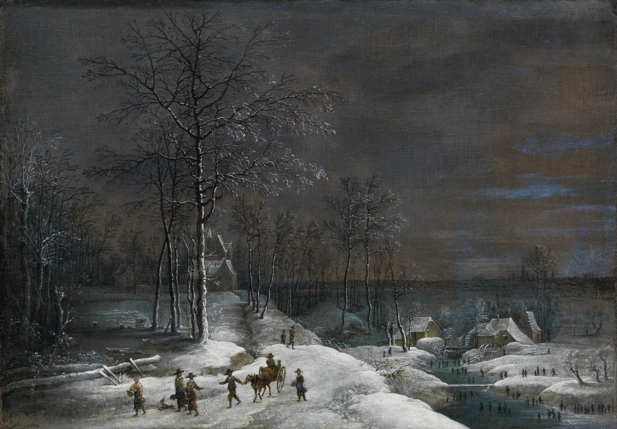Paesaggio invernale con mulino ad acqua innevato e figure da Lucas van Uden