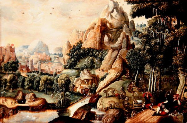 Paesaggio con scimmie e umani e città mitica oltre da Lucas (circle of) Gassel