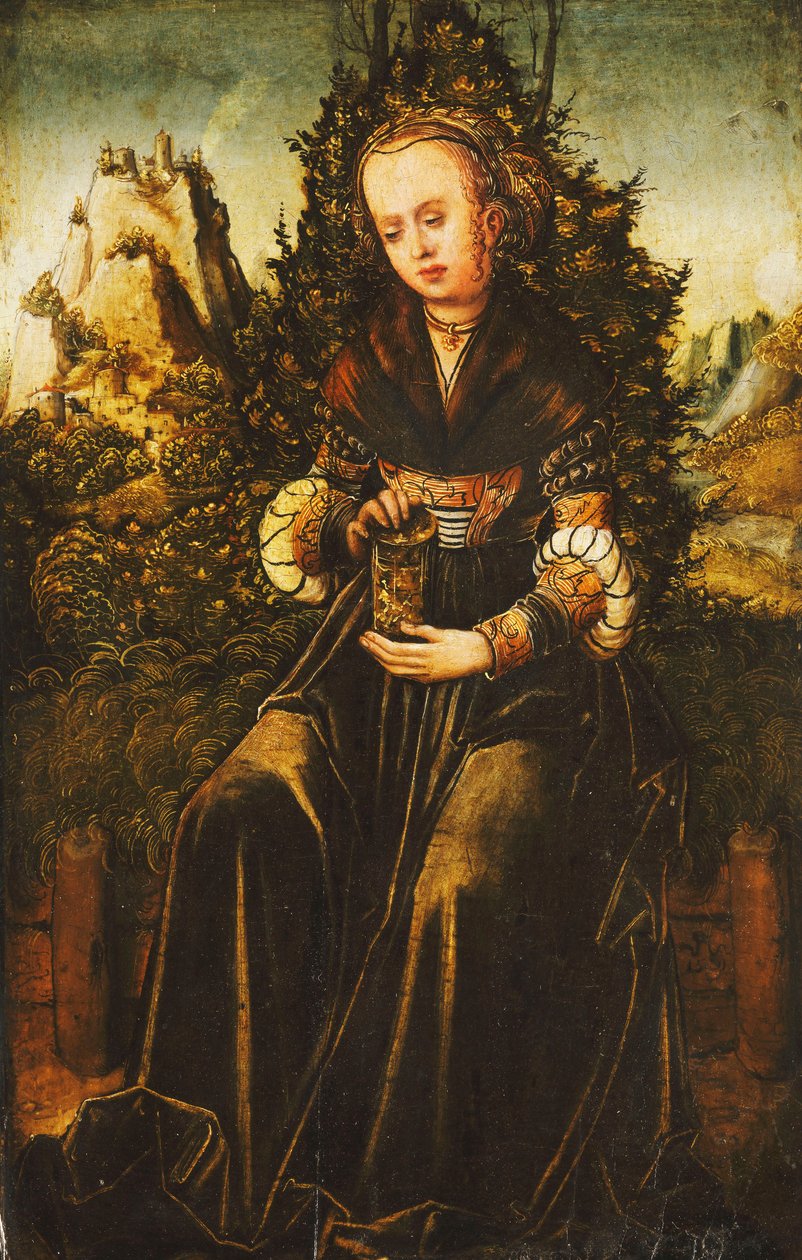 Santa Maria Maddalena seduta su un Margine Erboso in un Paesaggio Montuoso da Lucas Cranach