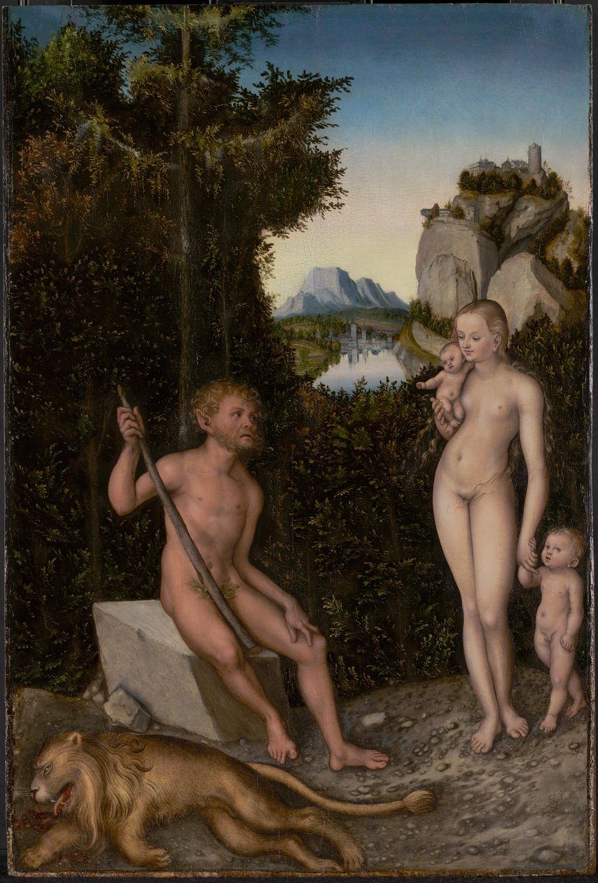 Un fauno e la sua famiglia con un leone ucciso da Lucas Cranach the Elder
