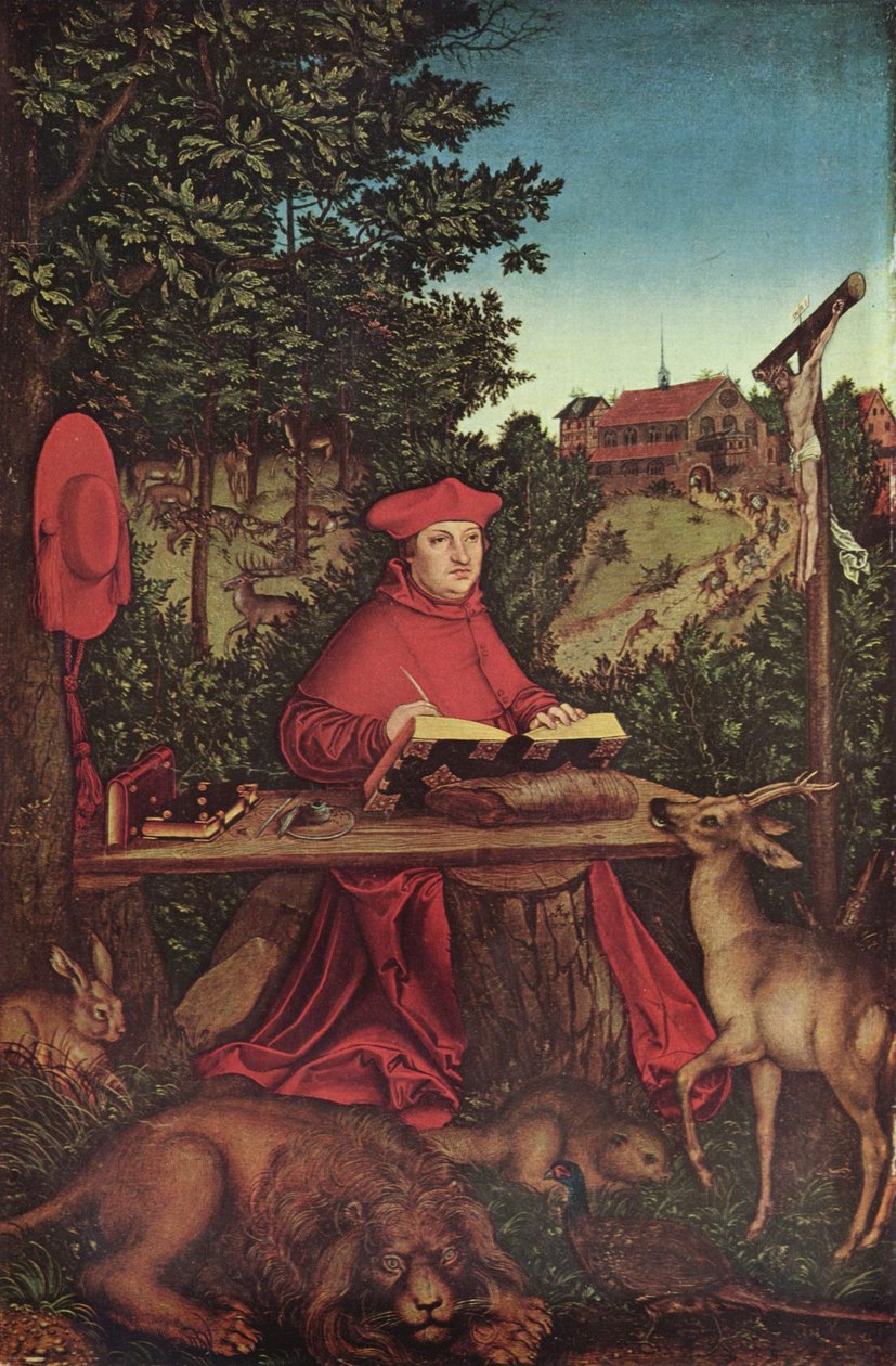 Tedesco: Cardinale Albrecht von Brandenburg (1490-1545) come Heiliger Hieronymus Cardinale Albrecht di Brandeburgo (1490-1545) come San Girolamo da Lucas Cranach the Elder