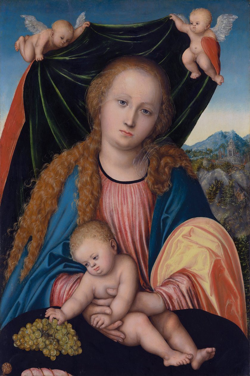 Tedesco: Madonna con bambino e uva, Due angeli che reggono una tenda Vergine e Bambino da Lucas Cranach the Elder