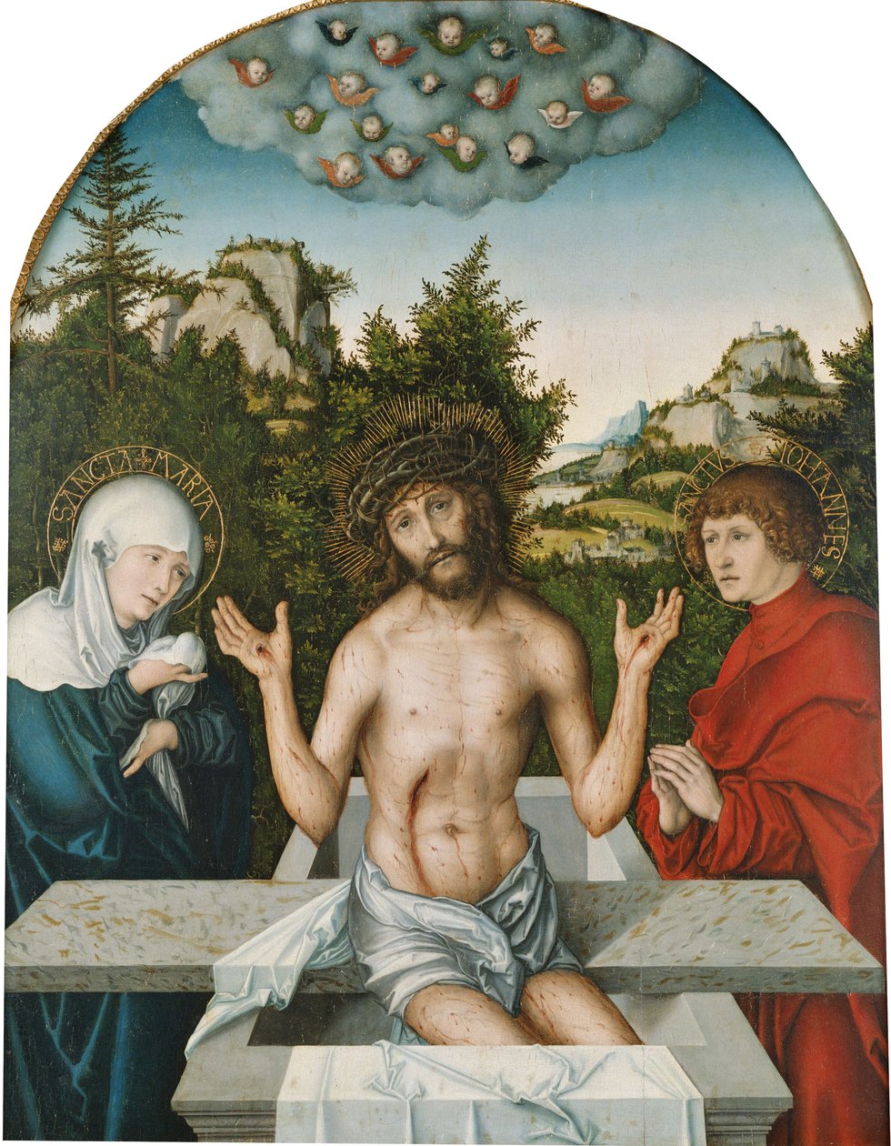 Pala Pfirtscher: Cristo come Uomo dei dolori, seduto su un sarcofago tra la Vergine e San Giovanni [pannello centrale]. da Lucas Cranach the Elder