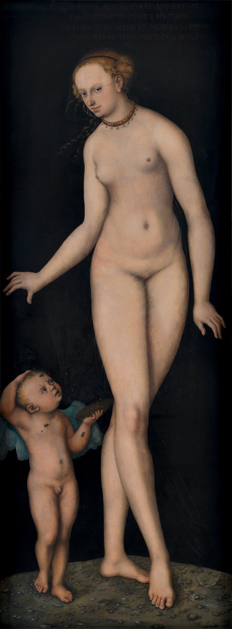 Venere con Amore come ladro di miele su sfondo nero da Lucas Cranach the Elder