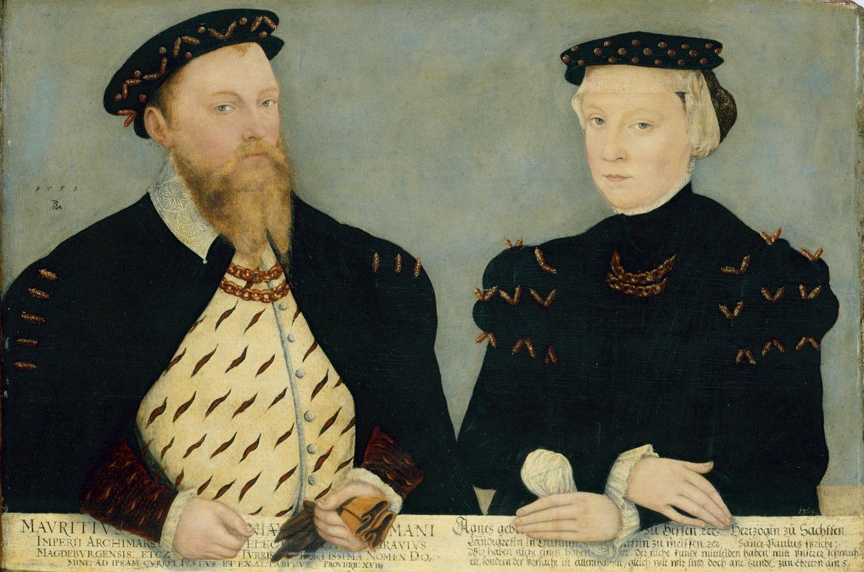 Elettore di Sassonia (1521-1553) e sua moglie Agnese (1527-1555) Moritz, Elettore di Sassonia, e sua moglie Agnese da Lucas Cranach the Younger