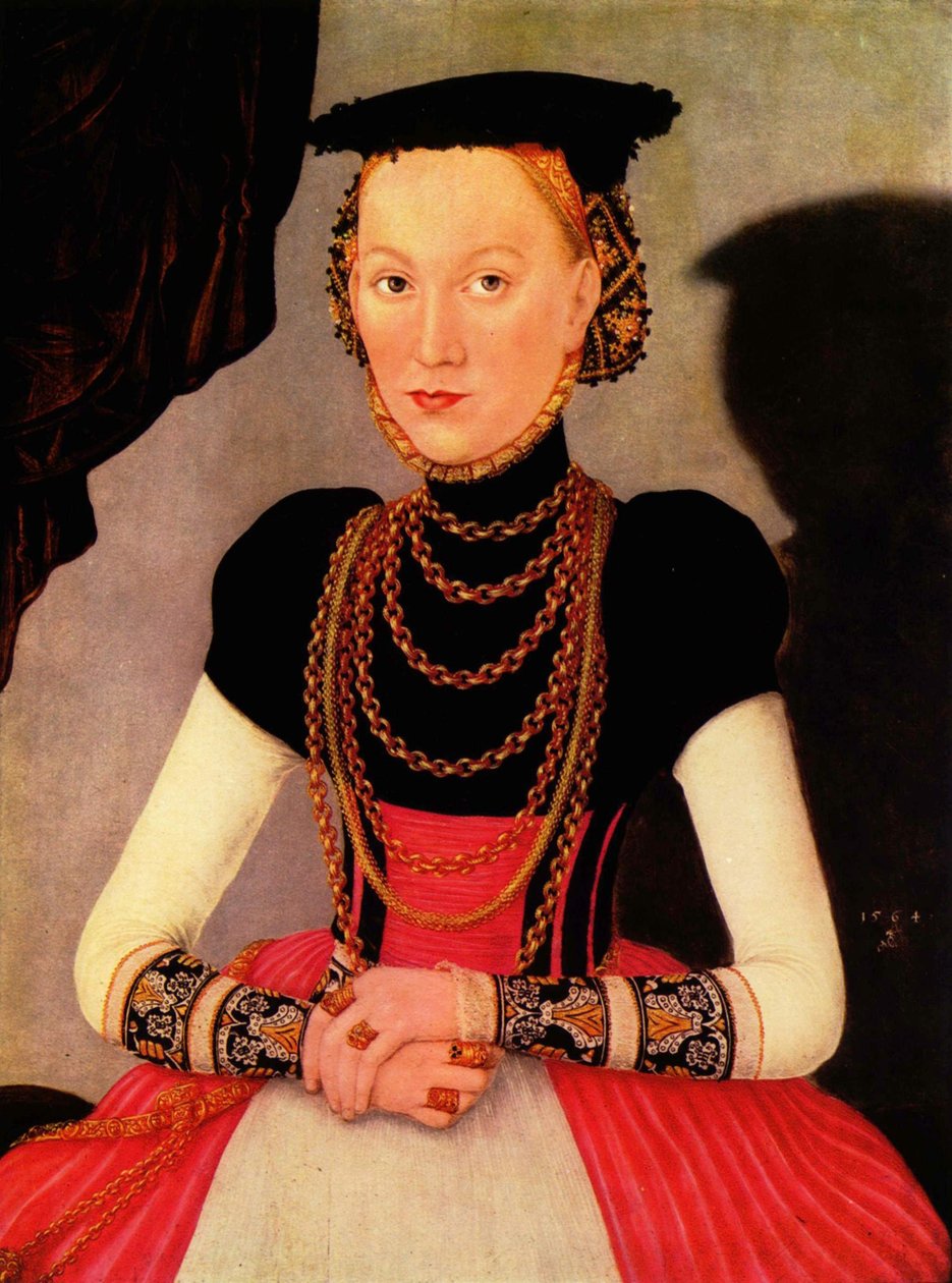 Tedesco: Weibliches Bildnis / Bildnis einer Frau (eine geborene Hoffmann aus Leipzig) Ritratto femminile / Ritratto di donna (una Hoffmann di nascita di Lipsia) da Lucas Cranach the Younger