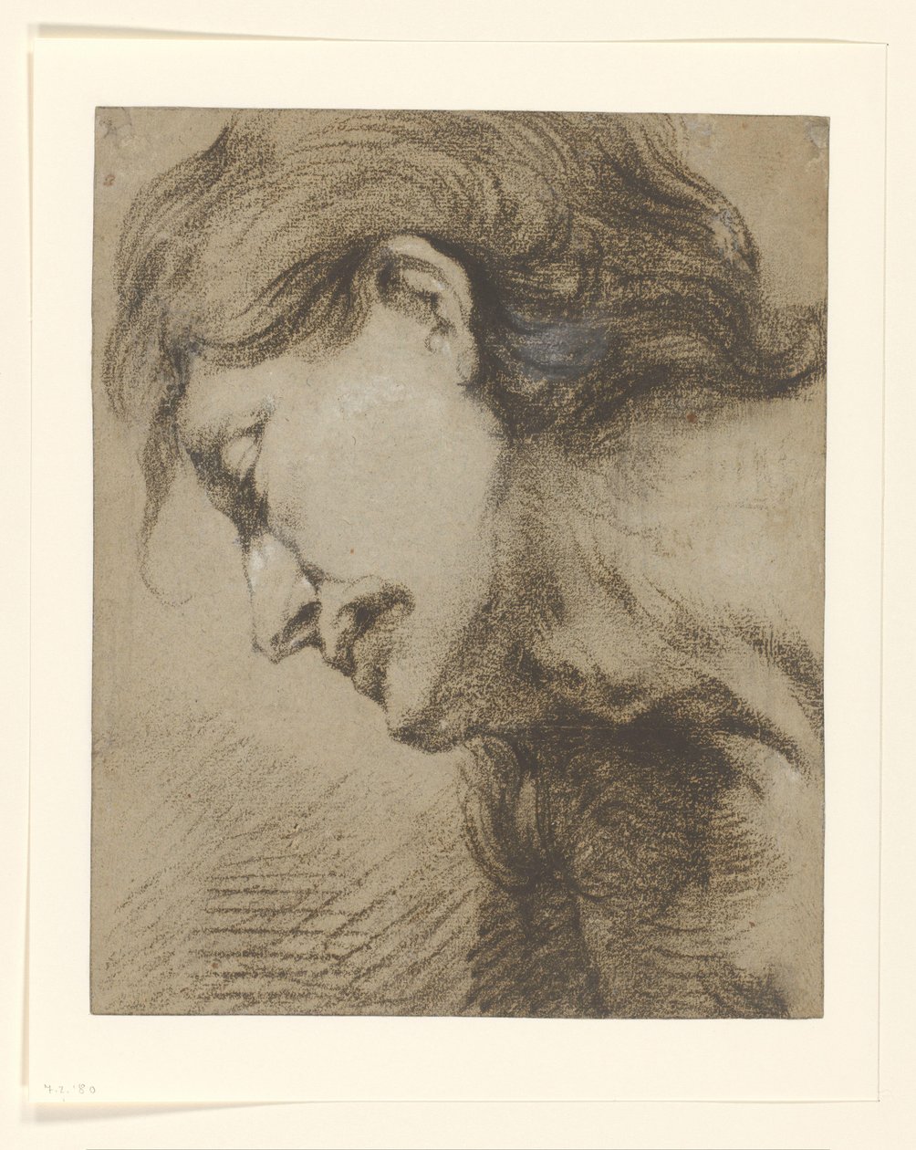 Testa di uomo con capelli lunghi, guardando in basso a sinistra da Lucas Franchoys (attributed to)