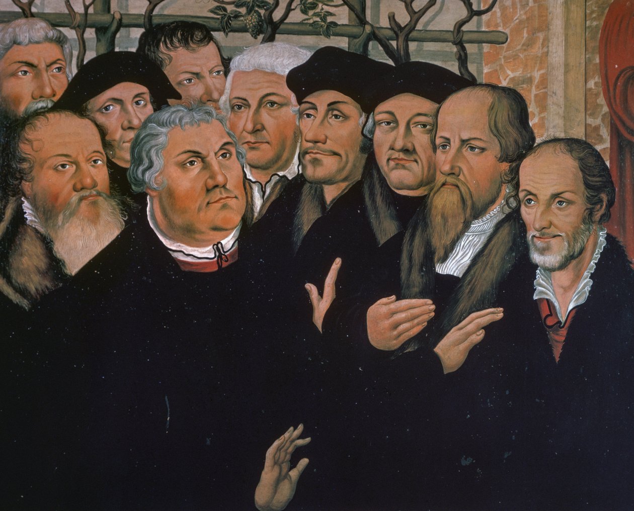 Martin Lutero con rappresentanti della Riforma Protestante, a destra Melantone, al centro Erasmo da Rotterdam, (dettaglio) da Lucas the Elder Cranach