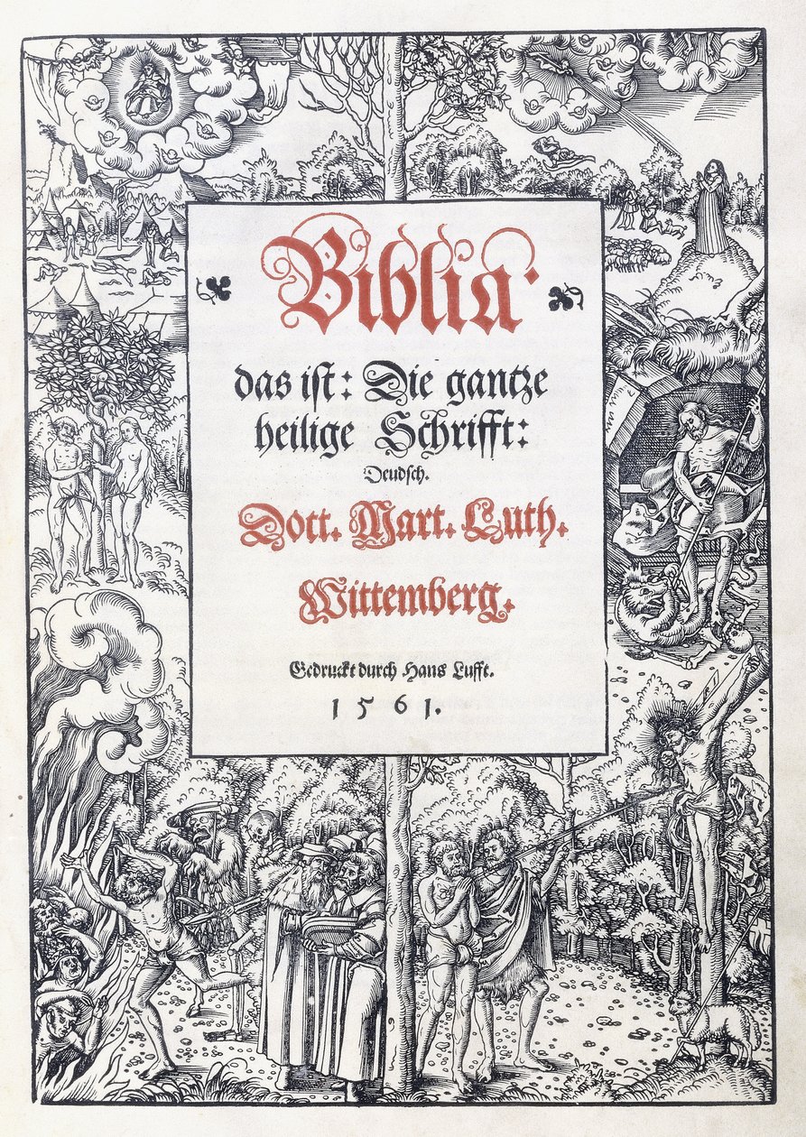 Pagina del titolo, con un bel bordo illustrato da "Biblia, das ist: Die gantze heilige Schrifft: Deudsch", tradotta da Martin Lutero, 1560-1561 da Lucas the Younger Cranach