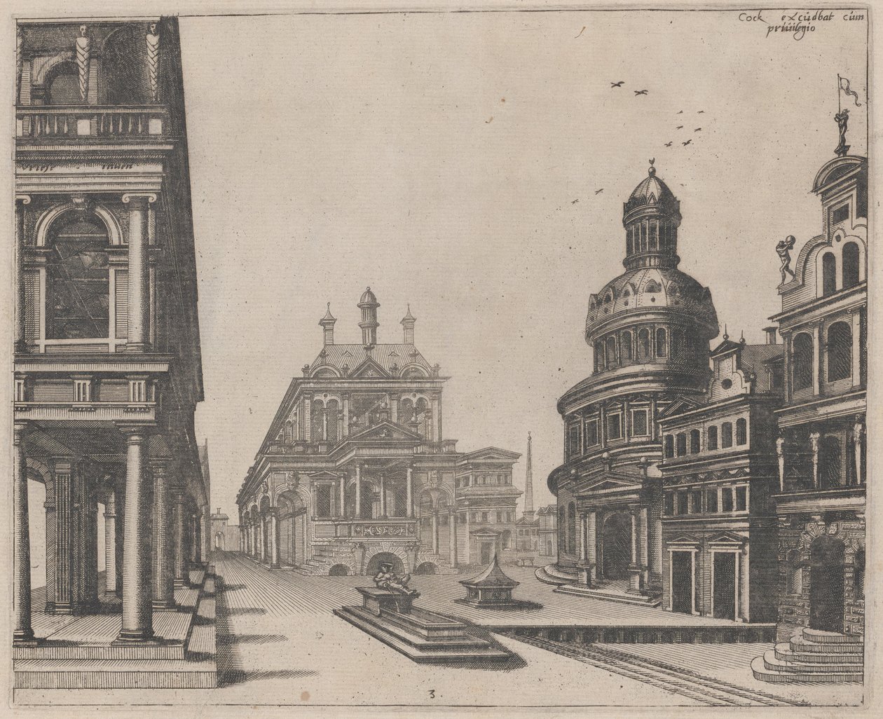 Angolo di un palazzo con colonnato e edificio circolare da Lucas van Doetechum and Johannes