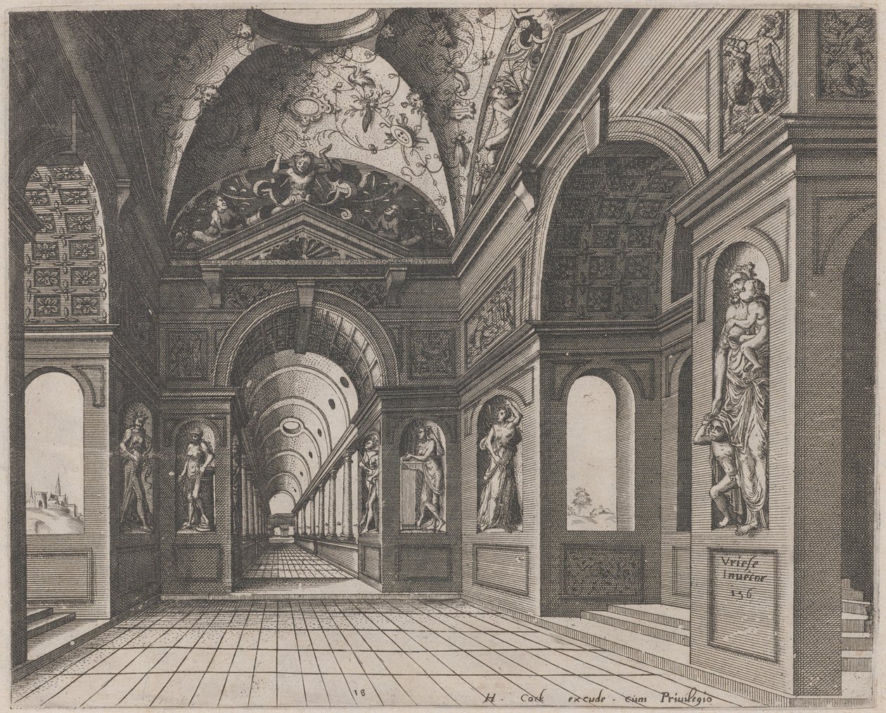Interno di una sala a volta incrociata decorata con grottesche da Lucas van Doetechum and Johannes