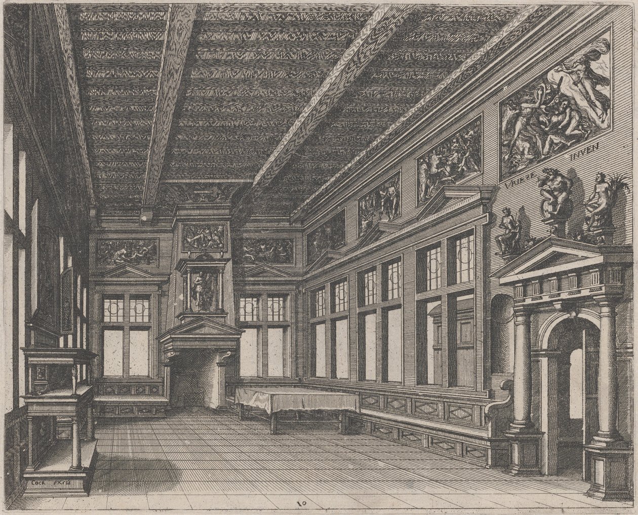 Interno con buffet, camino e dipinti religiosi da Lucas van Doetechum and Johannes