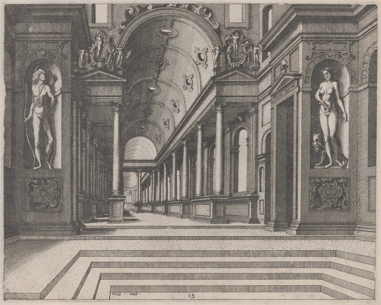 Veduta di una chiesa con colonne corinzie e statue di Apollo, Melpomene e Mosè da Lucas van Doetechum and Johannes