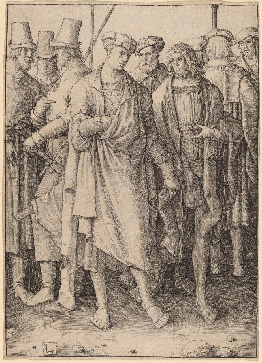 Un giovane con otto uomini armati da Lucas van Leyden