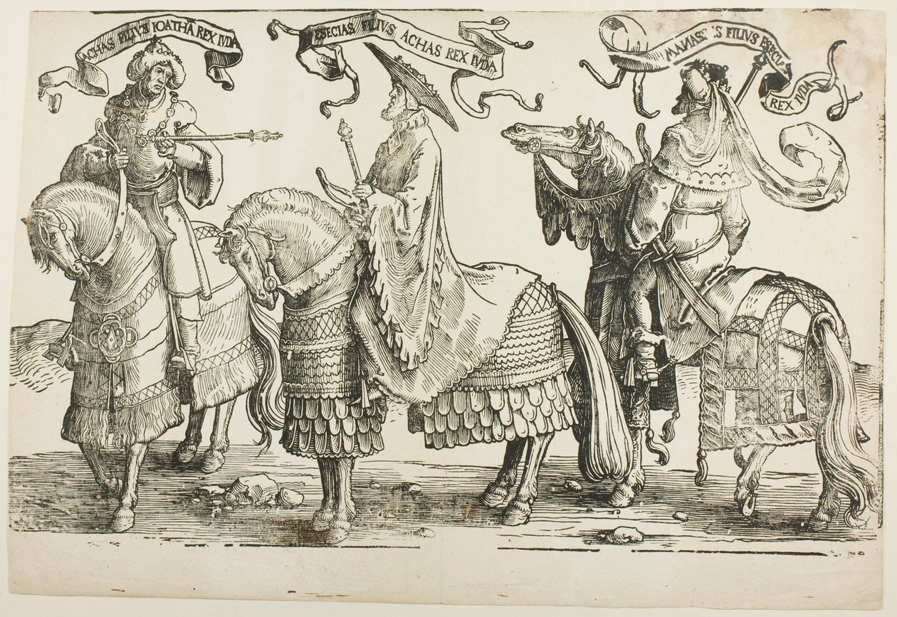 Achaz, Ezechia, Manasse, tavola quattro, da I dodici re di Israele da Lucas van Leyden