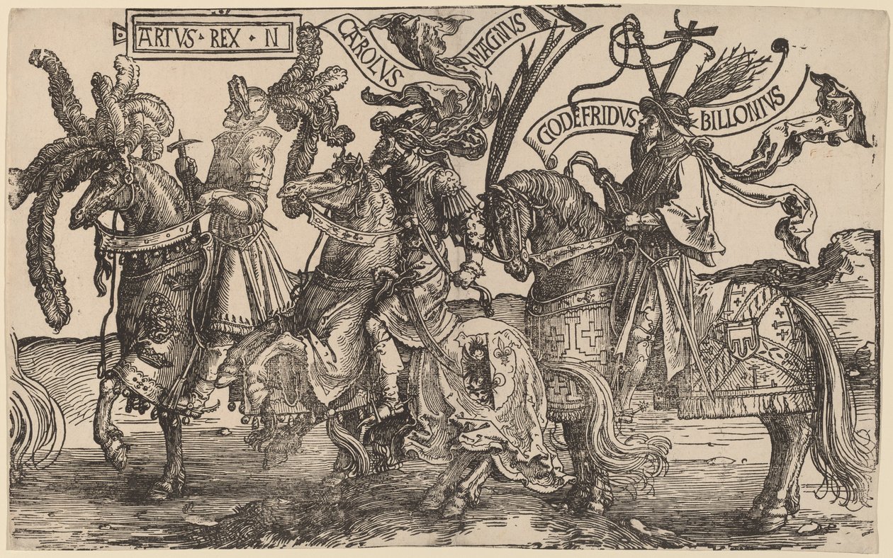 Arturo, Carlo Magno, Goffredo di Buglione da Lucas van Leyden