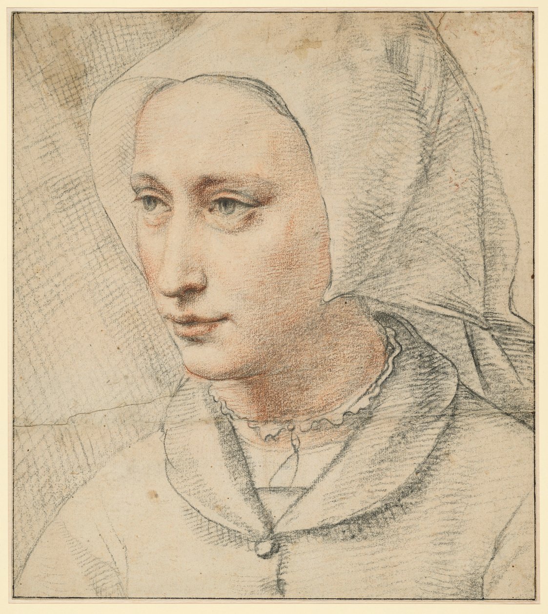 Ritratto a mezzo busto di donna con cuffia, volta a metà verso sinistra da Lucas van Leyden