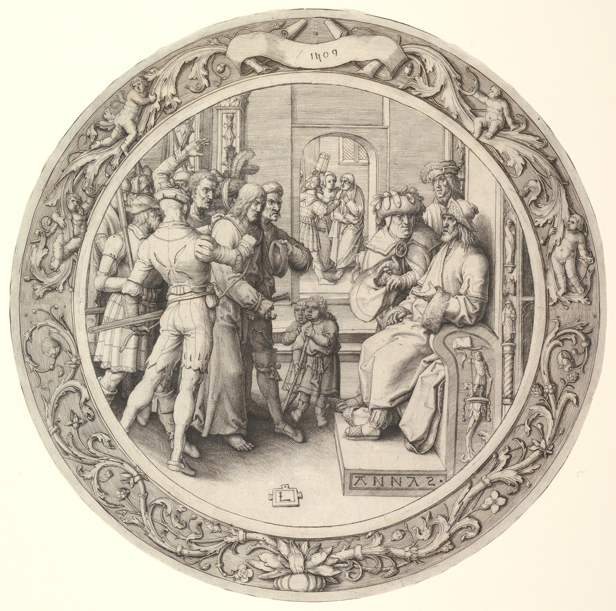 Cristo davanti ad Anna, dalla Passione Circolare da Lucas van Leyden
