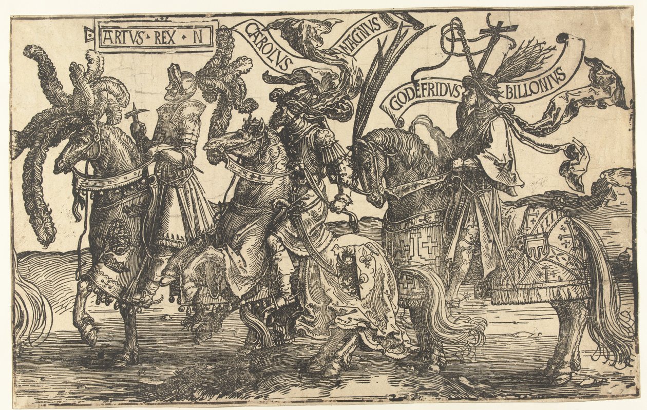Gli eroi Re Artù, Carlo Magno e Goffredo di Buglione da Lucas van Leyden
