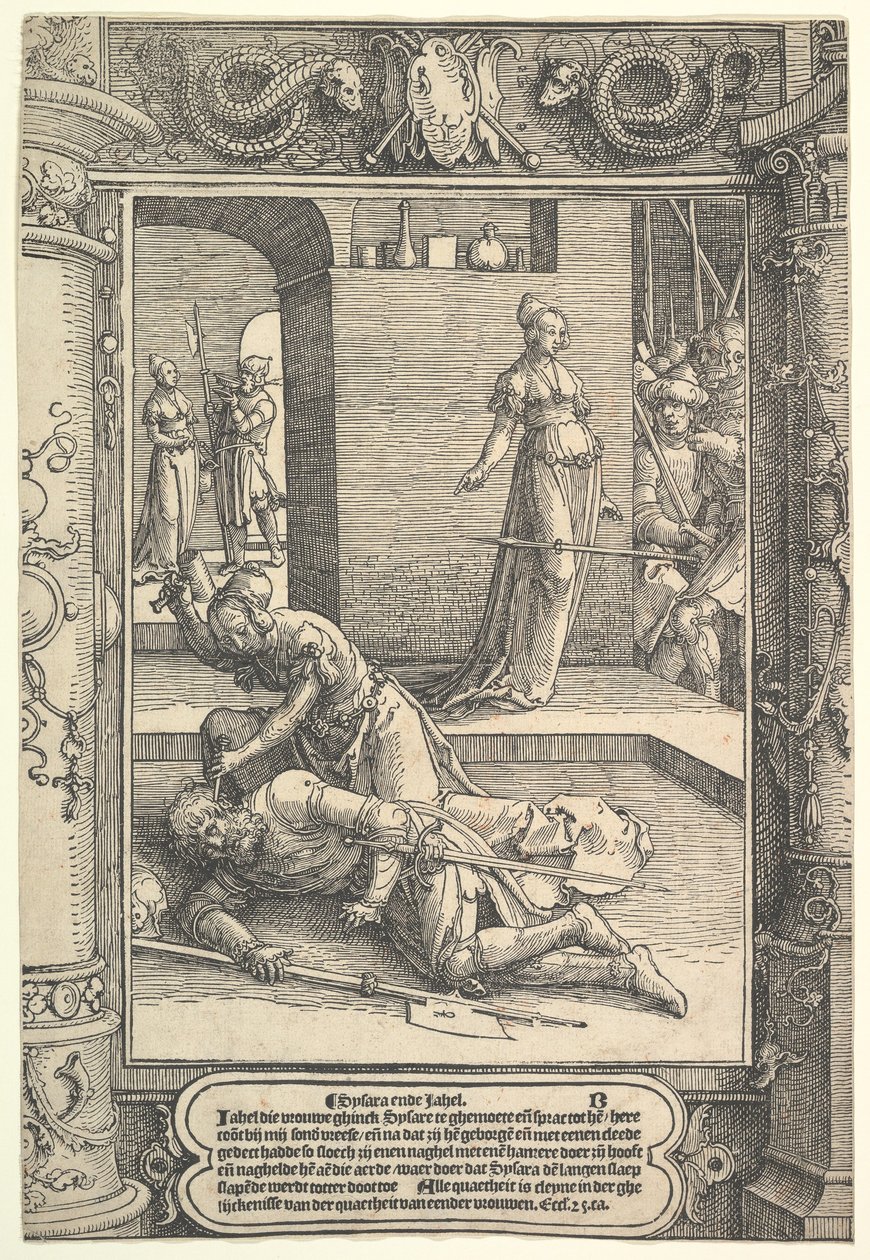 Jael uccide Sisera, cornice ornamentale da Lucas van Leyden